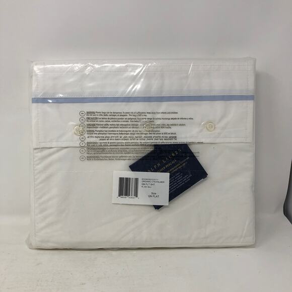 Ralph Lauren Organic Cotton Percale Palmer Queen Flat Sheet White Pale Sky Blue - Picture 1 of 10